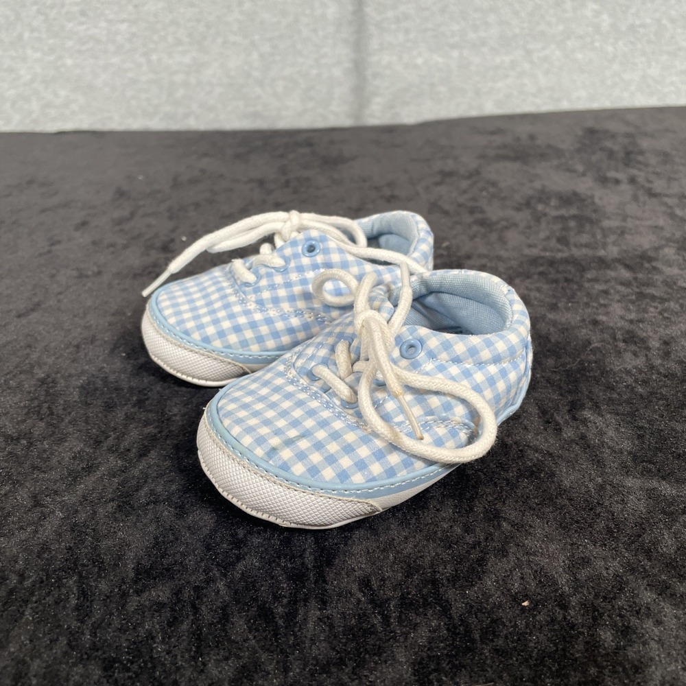 Polo Ralph Lauren Baby Blue Gingham Crib Shoes Size 2 3-6M Lace Up